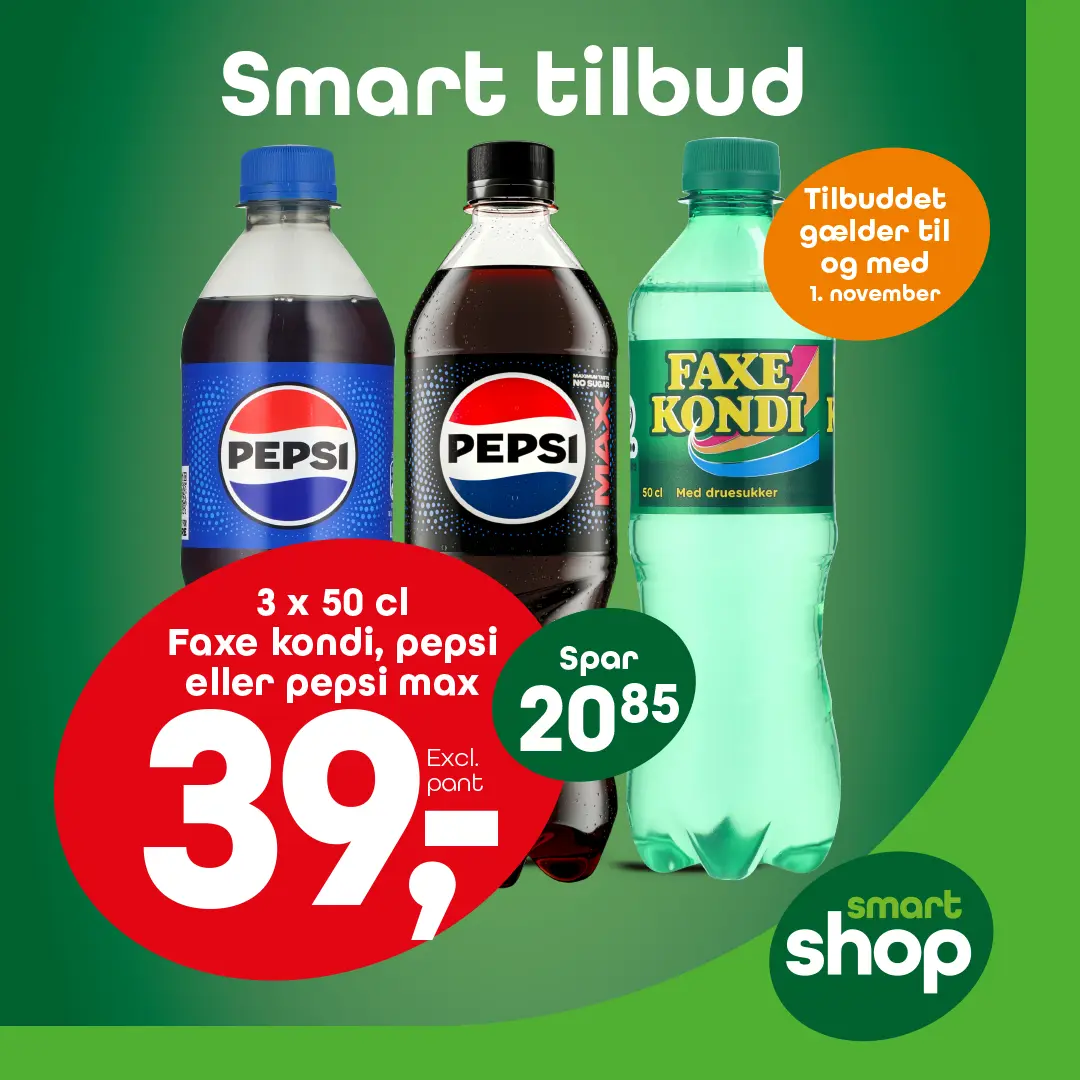 3 x 50 cl Faxe Kondi, Pepsi eller Pepsi Max — 39,- excl. pant