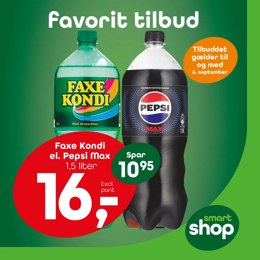 Faxe Kondi el. Pepsi Max 1,5 liter — 16,- excl. pant