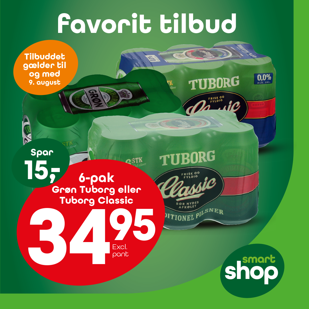6-pak Grøn Tuborg eller Tuborg Classic — 34,95 excl. pant